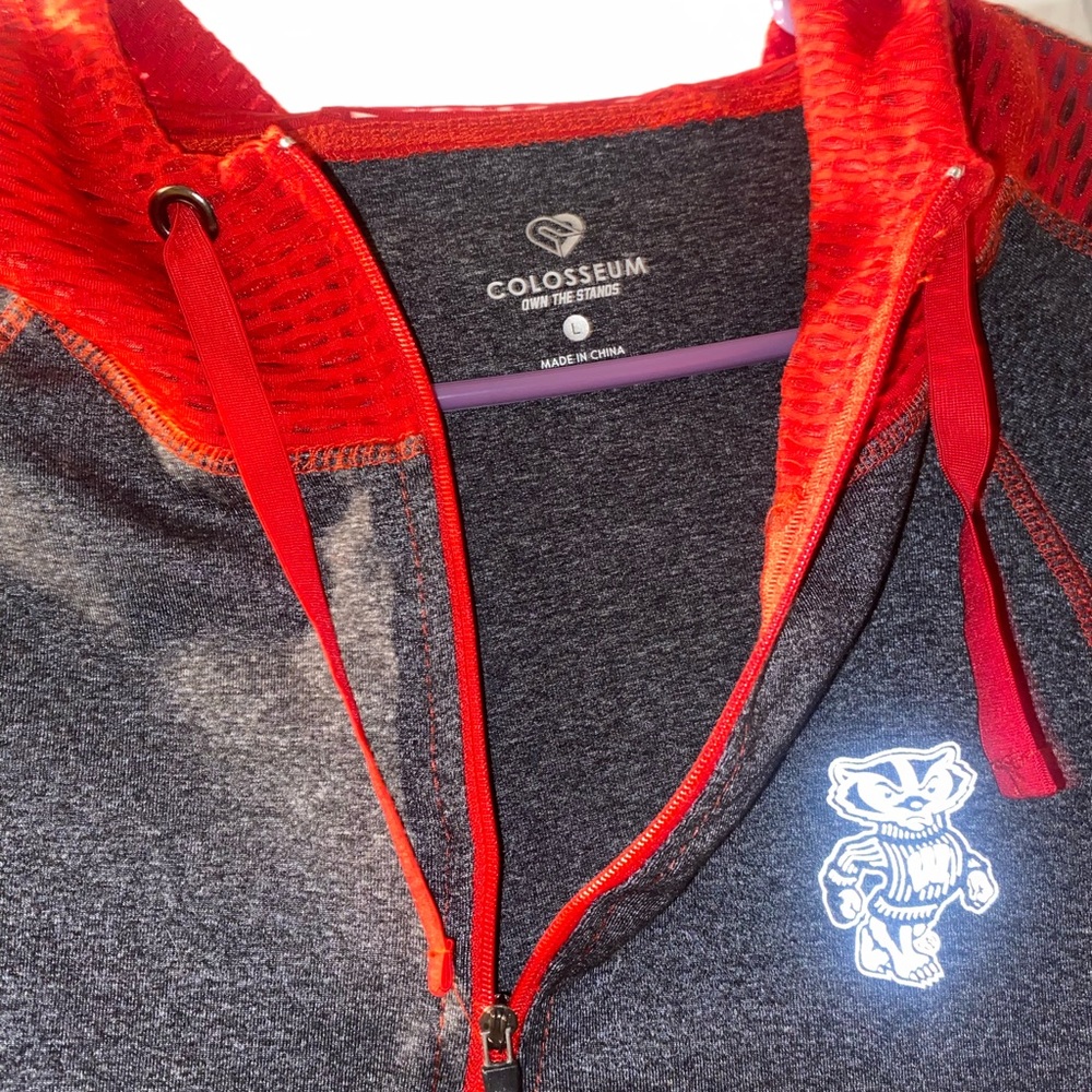 Dark charcoal grey Wisconsin Badger 1/4 zip with mesh like hood.